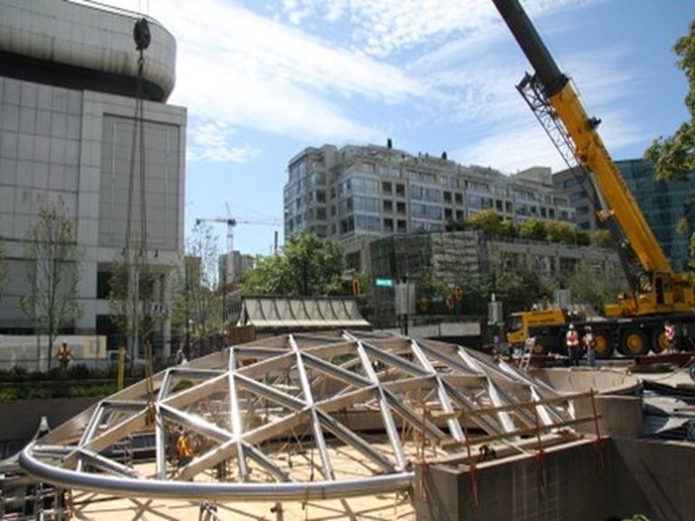 Robson Square Ice Rink Vancouver, British Columbia Olympic Venue construction crane top view